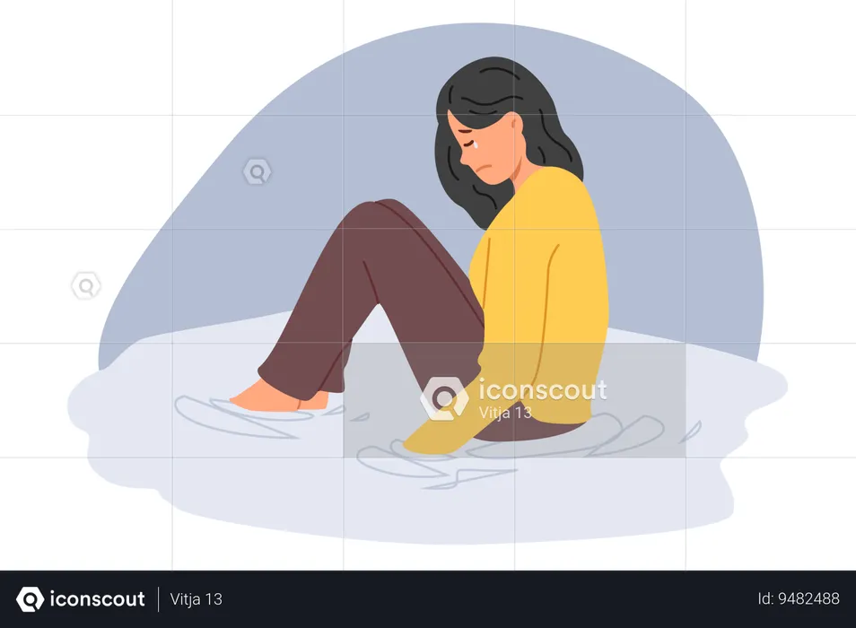 Crying woman sits in puddle of tears suffering from depression after breaking up with boyfriend  Illustration