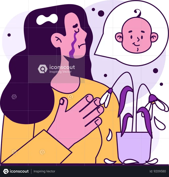 Crying woman thinking about baby loss.  Illustration