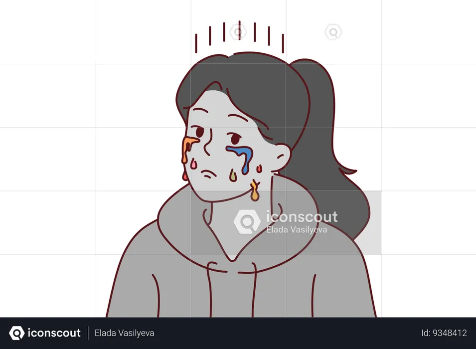 Crying woman with depressed grimace and multi-colored tears  Illustration