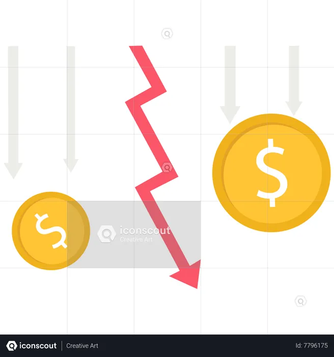 Pièce de crypto-monnaie et flèche rouge descendant  Illustration