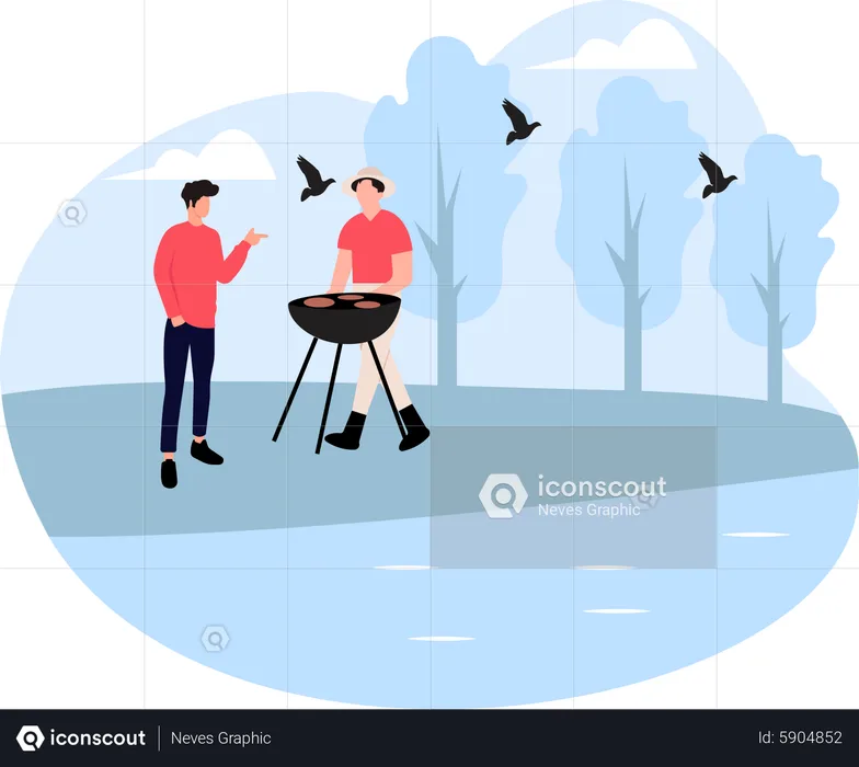 Cuisiner un barbecue en forêt  Illustration