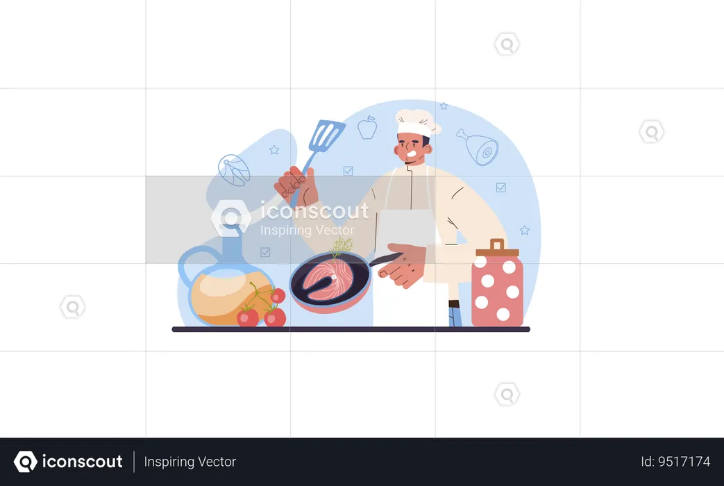 Culinary specialist making and serving tasty dish according cooking technology  Illustration