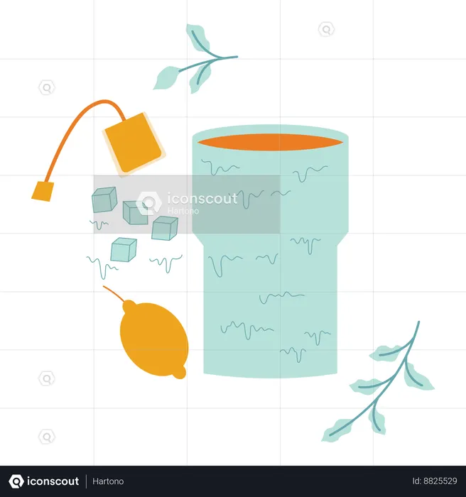 Cup of lemon tea with tea bag and leaves  Illustration