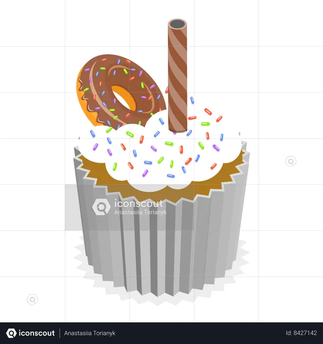 Cupcake de chocolate com donut por cima  Ilustração