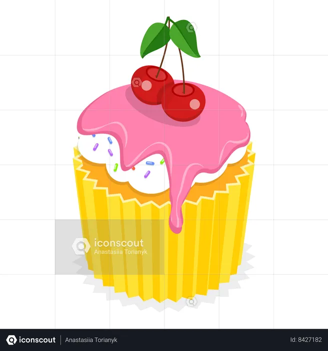 Cupcake de morango com cereja por cima  Ilustração