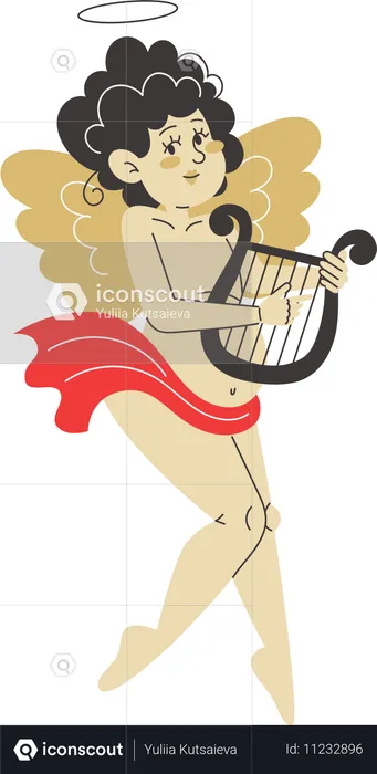 Cupid plays sweet melody on harp and spreading love and joy  Illustration