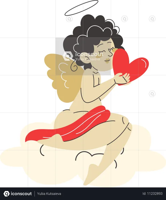 Cupid Sitting on Cloud and Holding Red Heart to His Cheek  Illustration