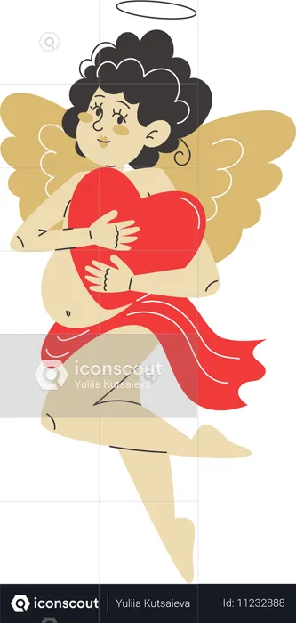 Cupido abraza un corazón rojo brillante con amor y afecto.  Ilustración