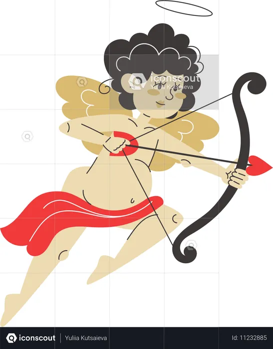 Cupido apunta su arco con una flecha de amor y está listo para golpear corazones y difundir el romance.  Ilustración