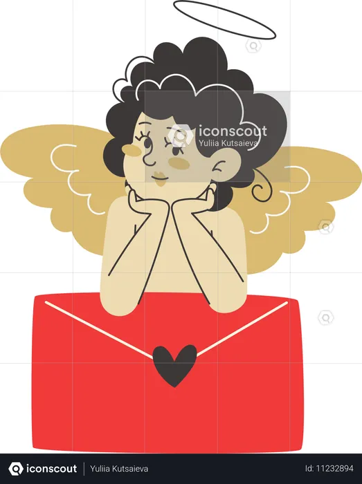 Cupido sentado em envelope com carta de amor para o dia dos namorados  Ilustração