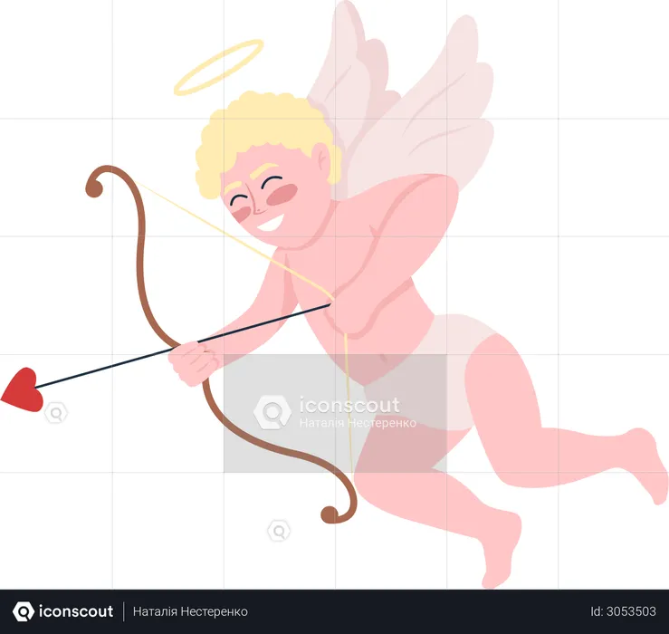 Cupido sonriente con arco y flechas.  Ilustración