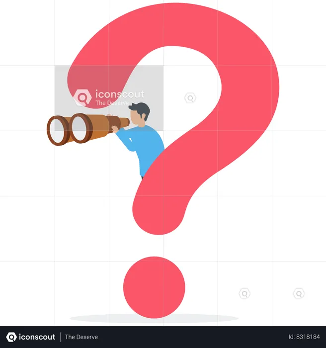 Curios businessman with huge question mark look through binoculars to search for new business idea  Illustration