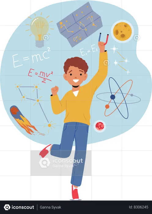 Curious Boy Character Delves Into Physics And Astronomy  Illustration