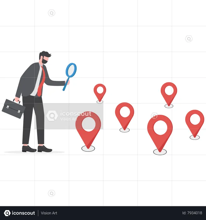Curious businessman search with magnifying glass with map location pin  Illustration