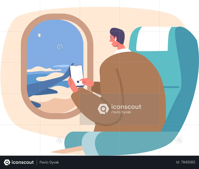 Curious Male Character Peer Through The Airplane Window  Illustration