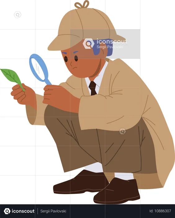 Curious smart boy child detective looking through magnifying glass at green leaf  Illustration