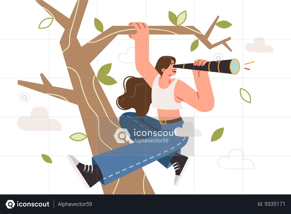 Curious woman looks through telescope climbing tree  Illustration