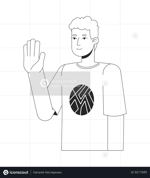 Curly caucasian young man waving happy  Illustration