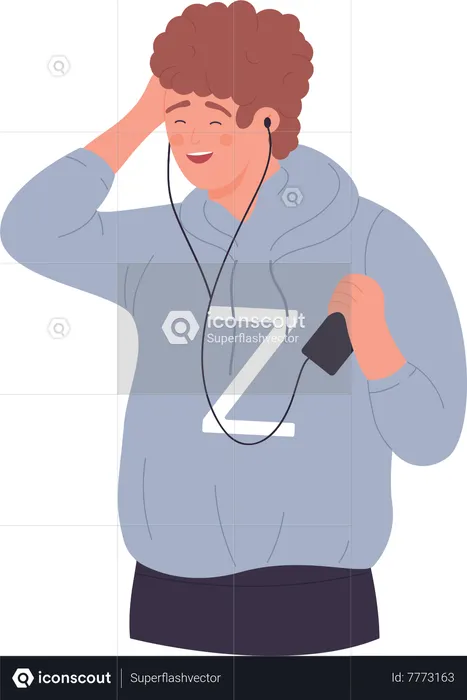Curly hair boy listening music  Illustration