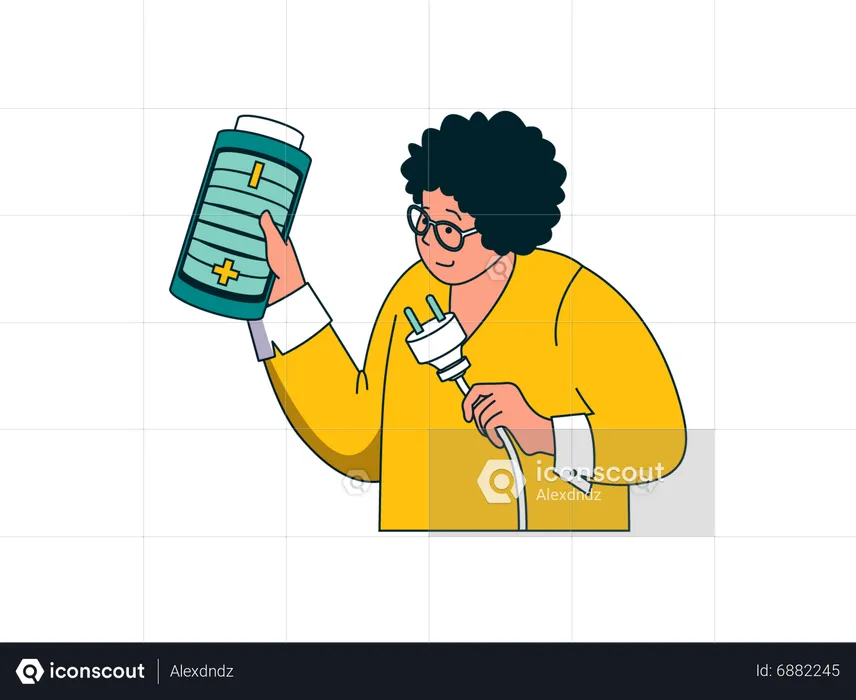 Curly hair man holding battery and plug  Illustration