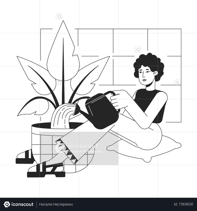 Curly hair woman sitting with pot and Watering plant  Illustration