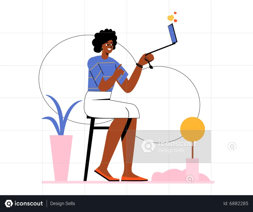 Curly hair woman taking selfie in mobile  Illustration