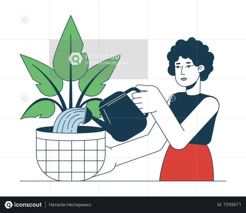 Curly hair woman watering house plant  Illustration