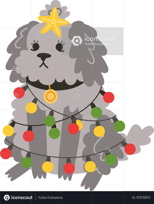 Curly little dog sits in celebrate garland  Illustration