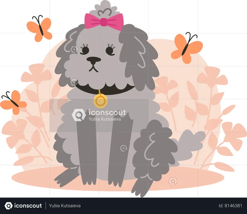 Curly little dog sits on lawn with flower  Illustration