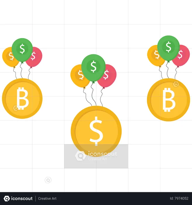 Currency float in the sky by a balloon  Illustration