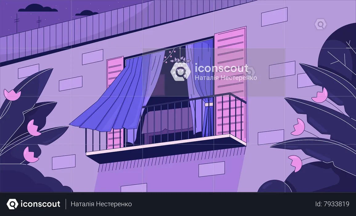 Curtains blowing in wind from opened window  Illustration