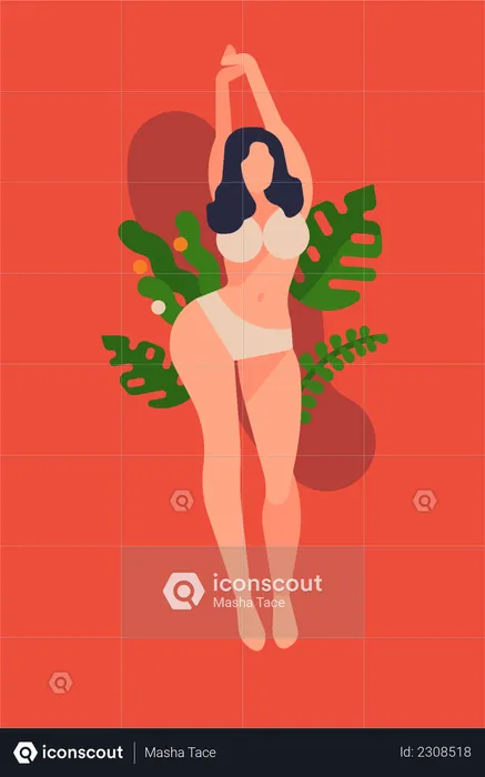 Curvy woman wearing bright underwear, surrounded by decorative floral elements  Illustration
