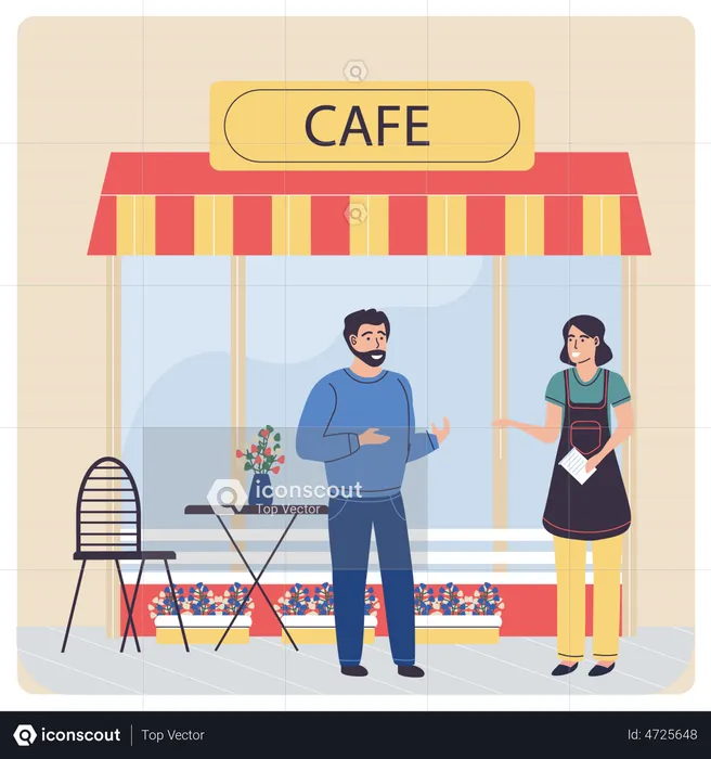 Customer talking to female waitress at coffee shop  Illustration