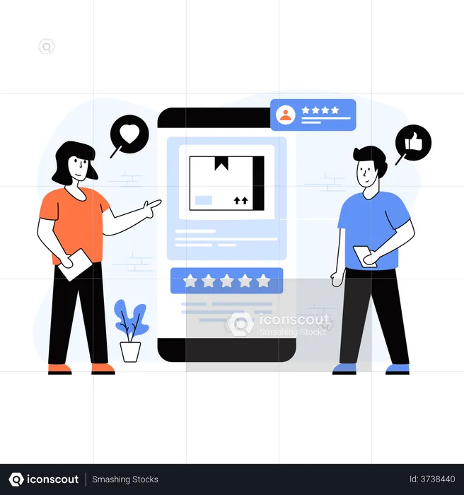 Customers adding review to the product online  Illustration