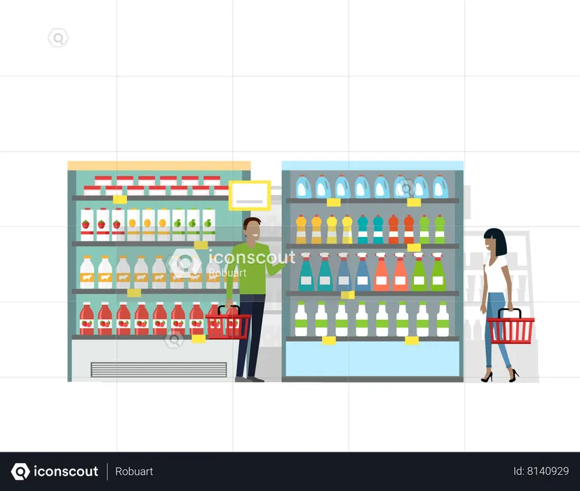 Customers choose daily products from shelves  Illustration
