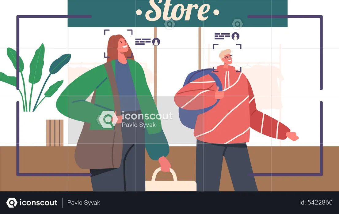 Customers in Shopping Mall with Identification Facial Recognition Security System  Illustration