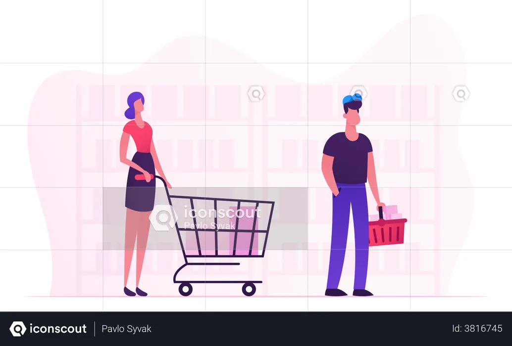 Customers With Products In Queue Moving To Cashier Desk At Grocery Store  Illustration