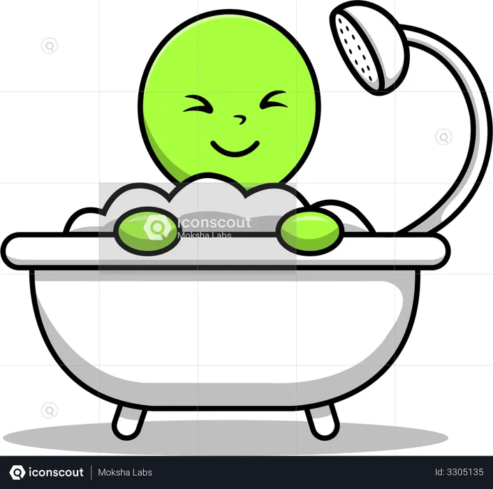 Cute Alien Bathing Shower In Bathtub  Illustration
