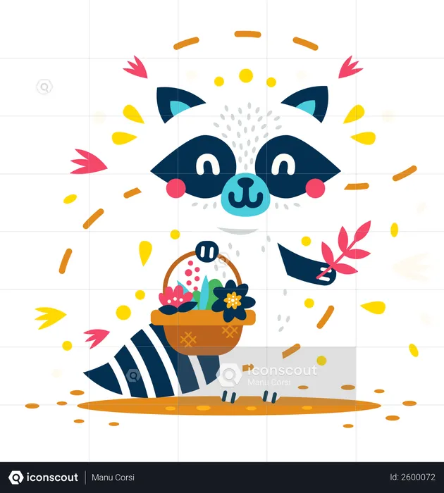 Cute and Sweet raccoon collects flowers  Illustration