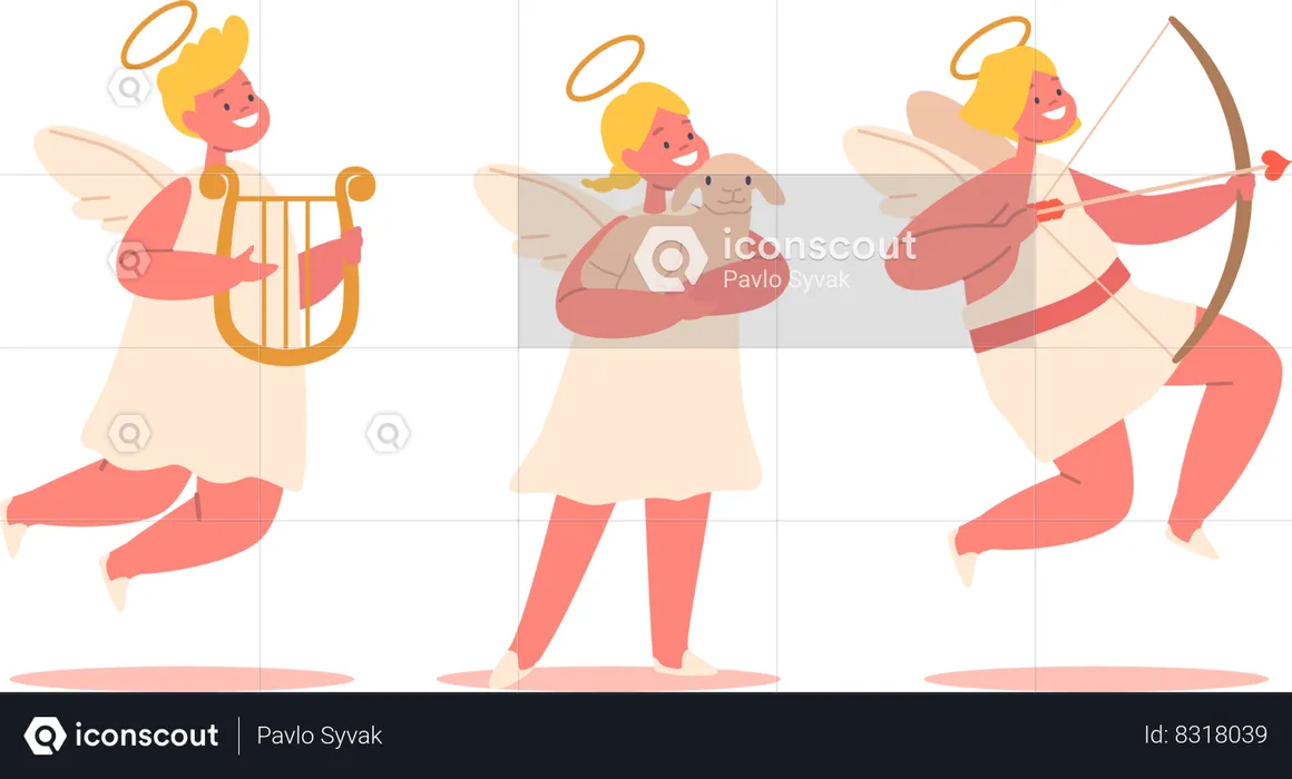 Cute Angels Holding Harp And Bow With Arrow  Illustration