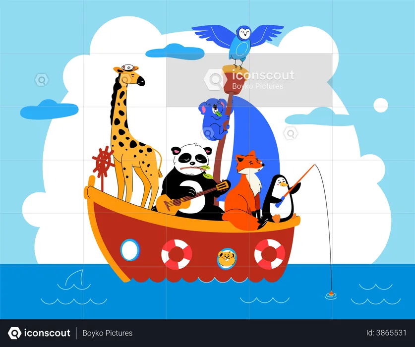 Cute animals in boat in sea  Illustration