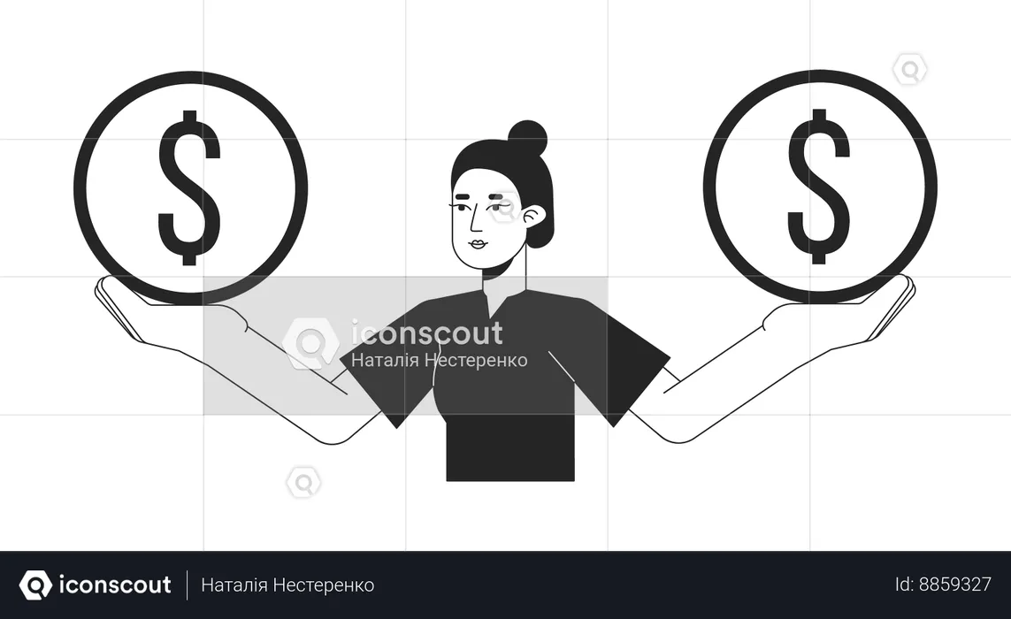 Cute asian woman holding coins on hands  Illustration