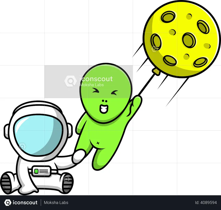 Cute Astronaut Holding The Moon Balloon  Illustration