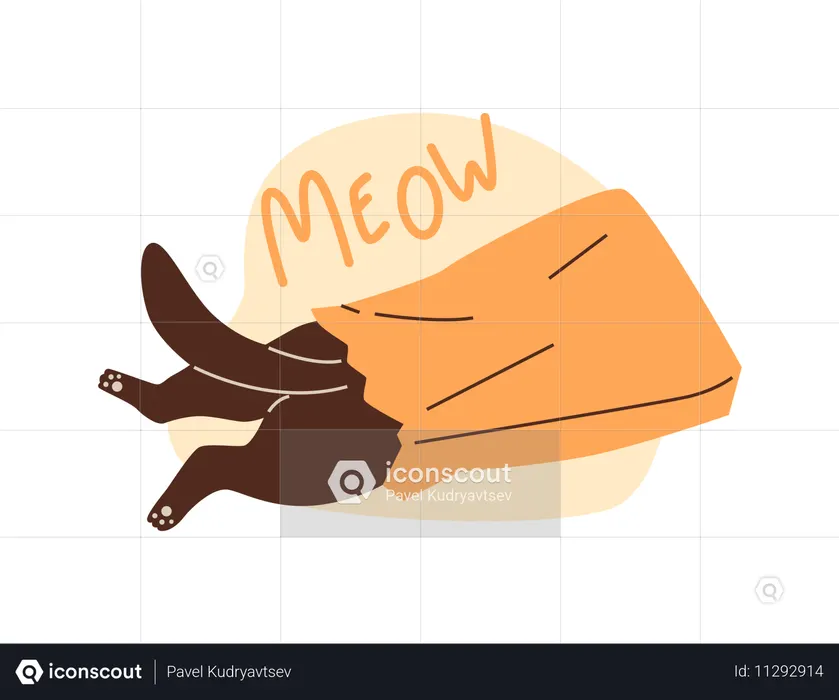 Cute black cat plays climbs inside the paper bag  Illustration