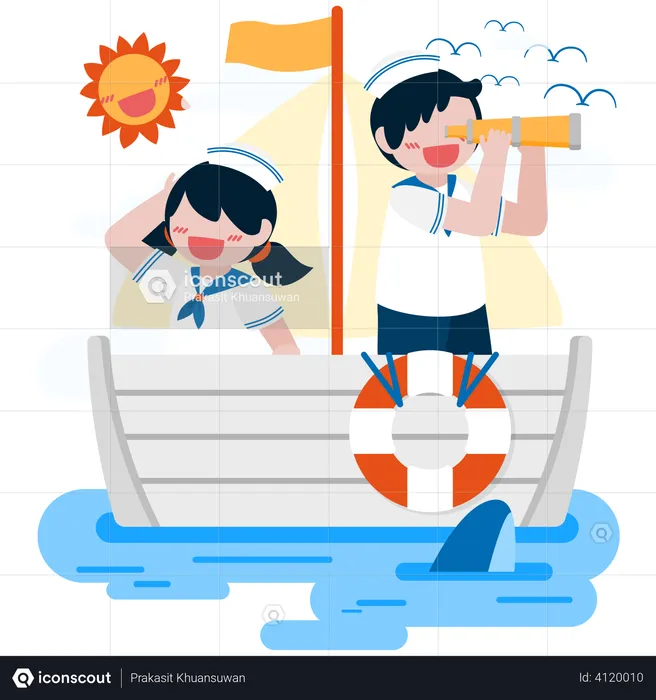 Cute boy and girl wearing sailor uniform on navy ship in the sea  Illustration