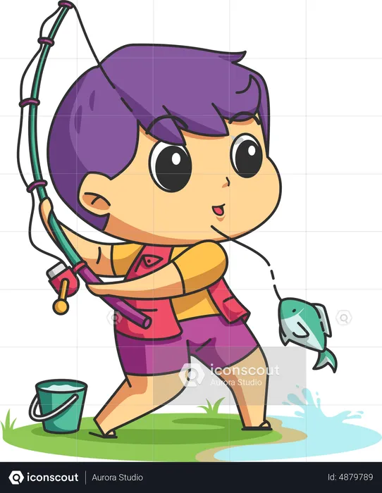 Cute boy catching fish using fishing rod  Illustration