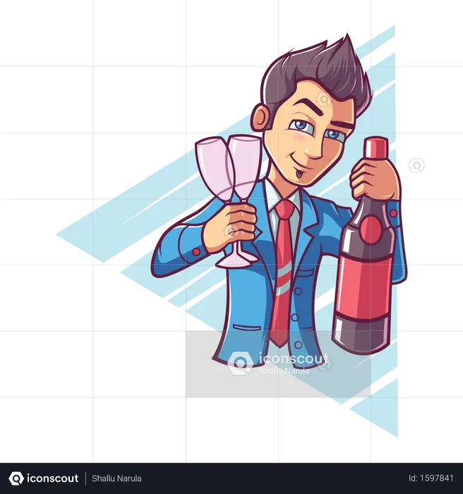 Cute boy holding wine bottle and glass  Illustration