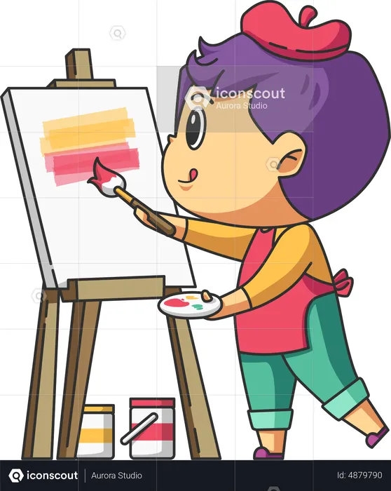 Cute boy loves doing painting on canvas  Illustration