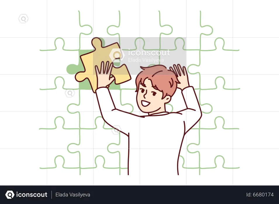 Cute boy solving jigsaw puzzle  Illustration