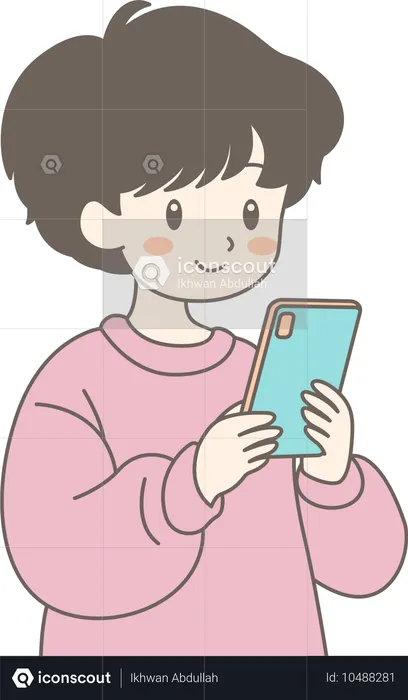 携帯電話を使うかわいい男の子  イラスト